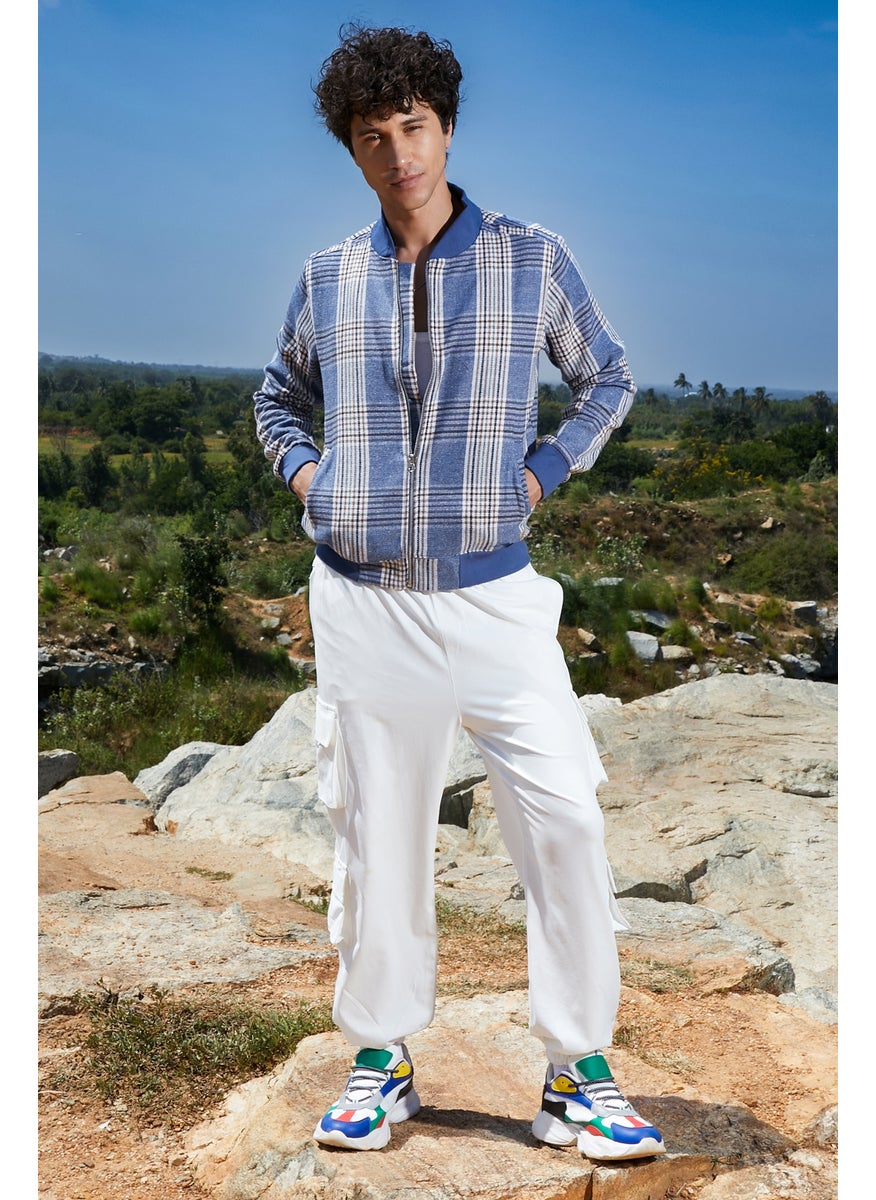 Men's Icy Blue Tartan Plaid Jacket With Ribbed Hem