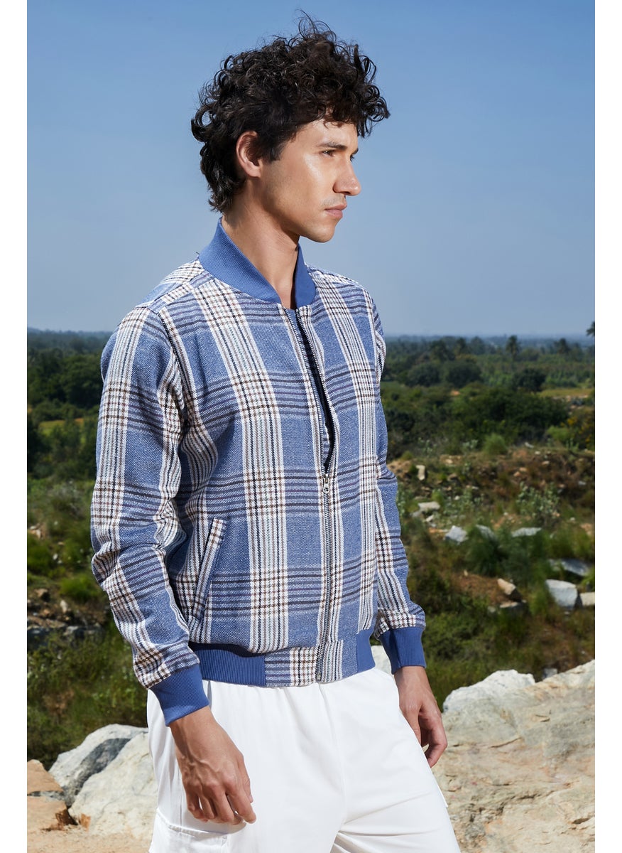 Men's Icy Blue Tartan Plaid Jacket With Ribbed Hem