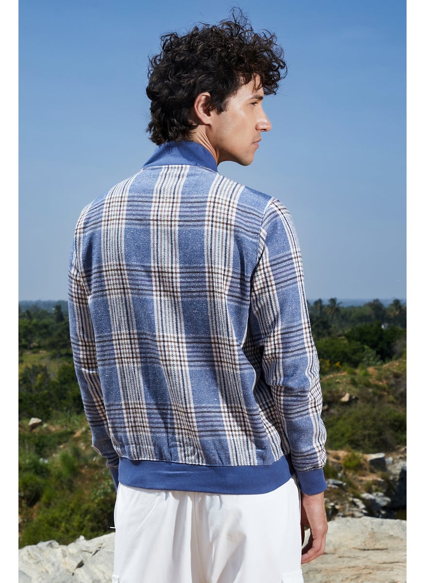 Men's Icy Blue Tartan Plaid Jacket With Ribbed Hem