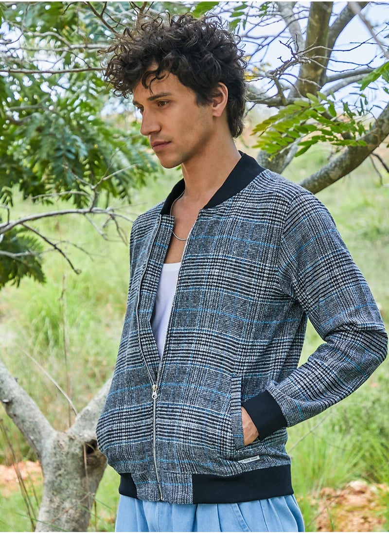 Men's Black Tartan Plaid Jacket With Ribbed Hem