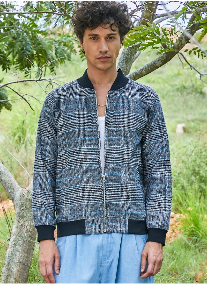 Men's Black Tartan Plaid Jacket With Ribbed Hem