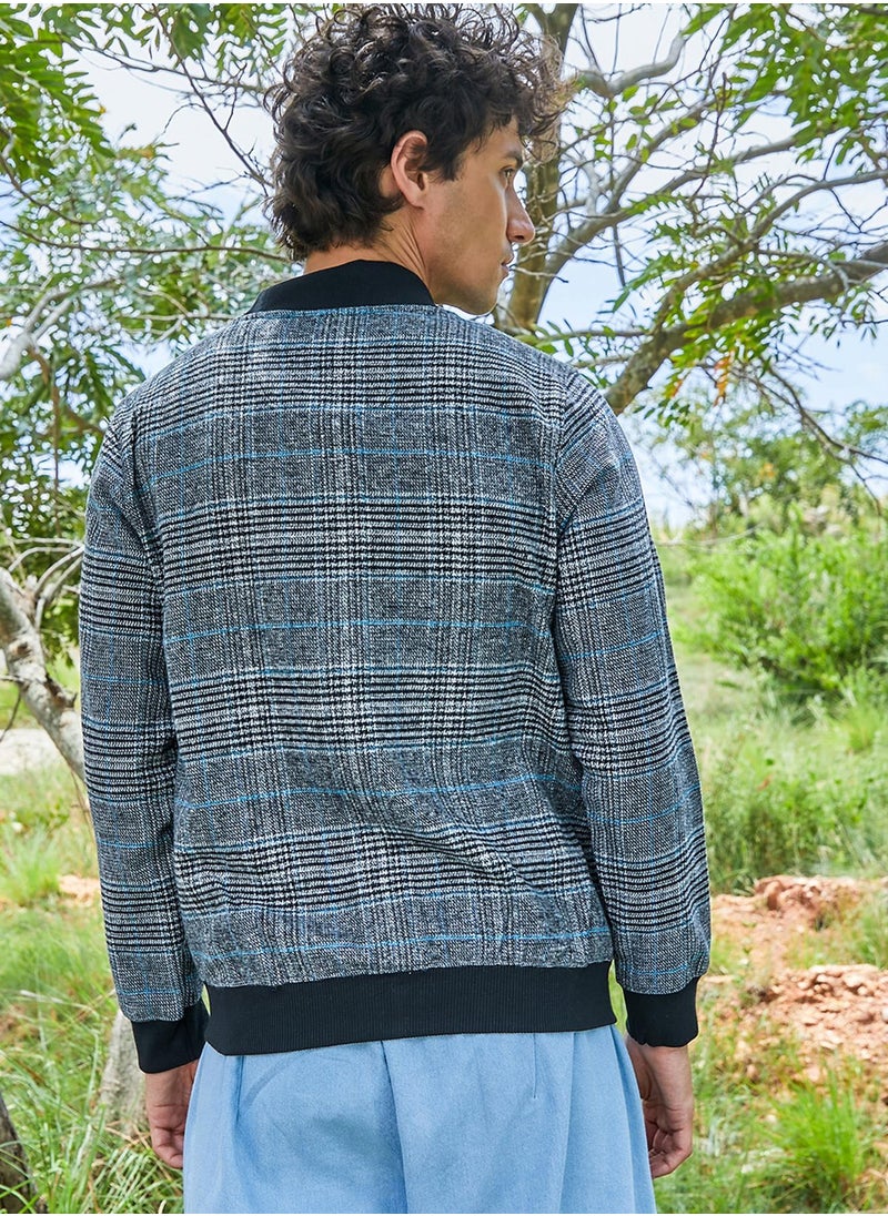 Men's Black Tartan Plaid Jacket With Ribbed Hem