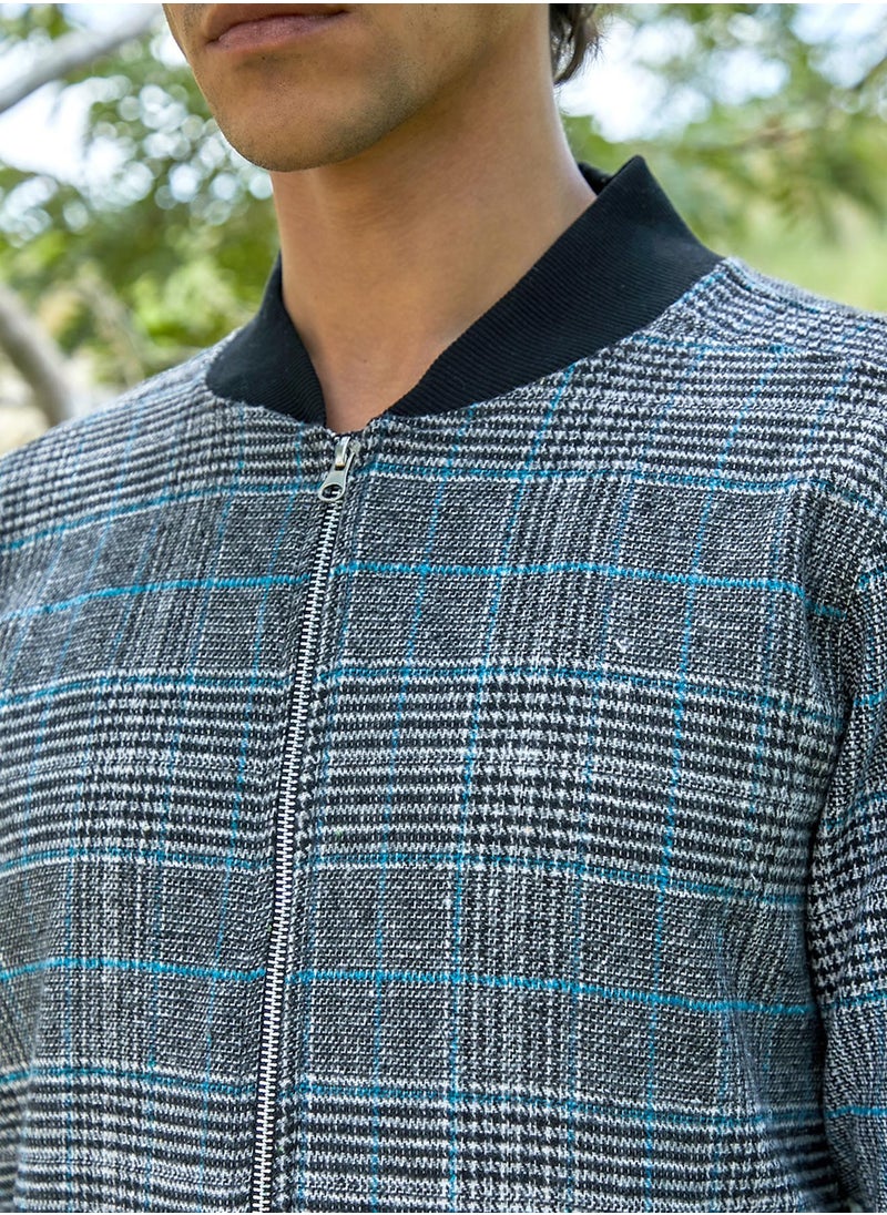 Men's Black Tartan Plaid Jacket With Ribbed Hem