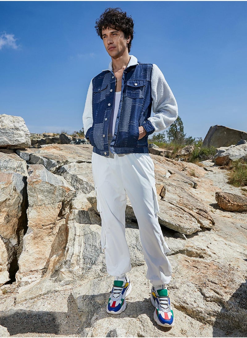 Men's Navy Blue & Chalk White Fleece Block Denim Jacket