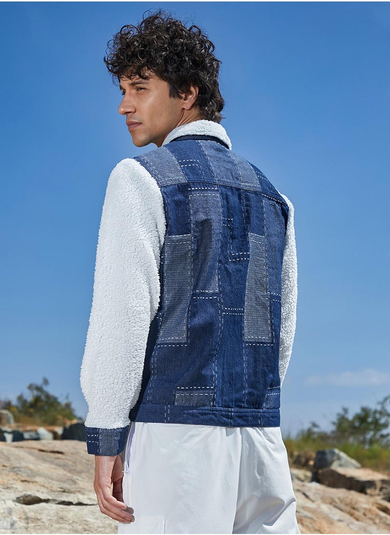 Men's Navy Blue & Chalk White Fleece Block Denim Jacket
