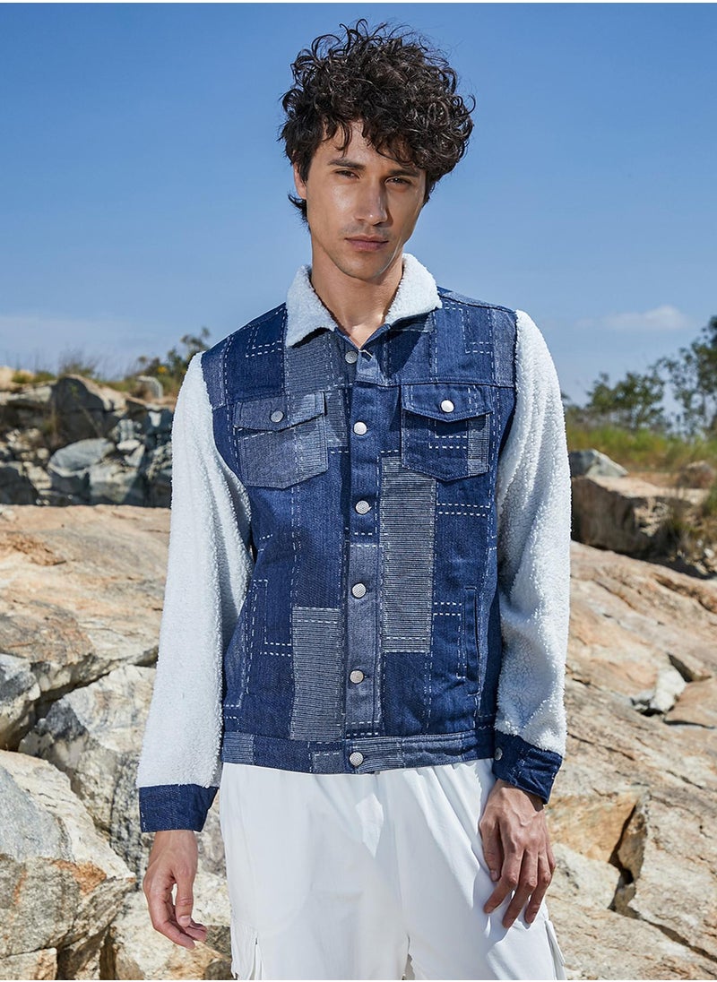 Men's Navy Blue & Chalk White Fleece Block Denim Jacket