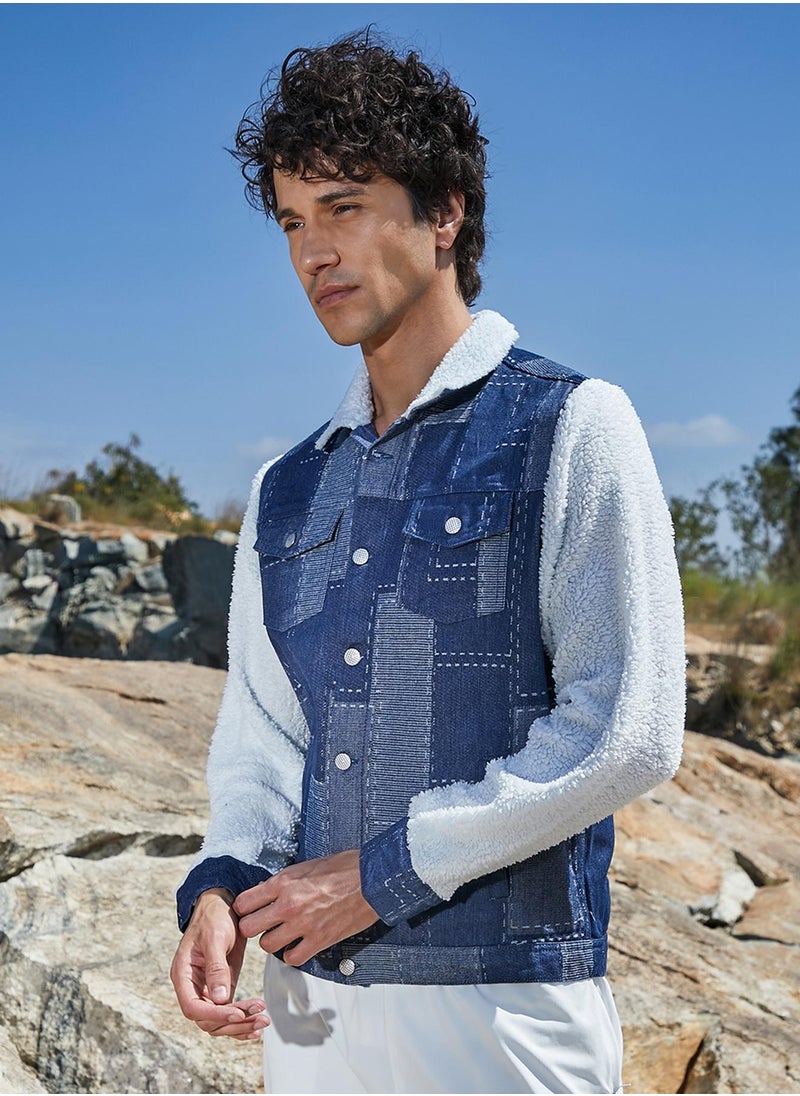 Men's Navy Blue & Chalk White Fleece Block Denim Jacket