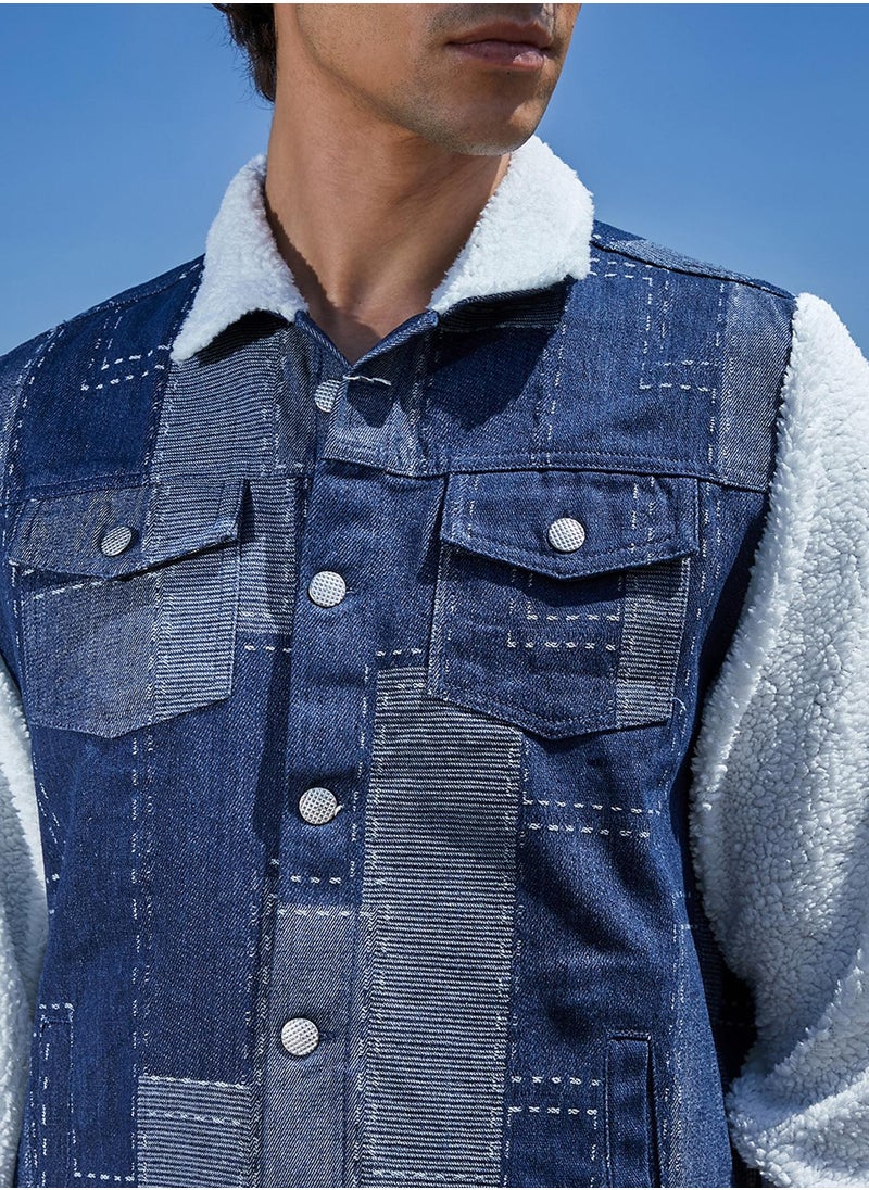 Men's Navy Blue & Chalk White Fleece Block Denim Jacket
