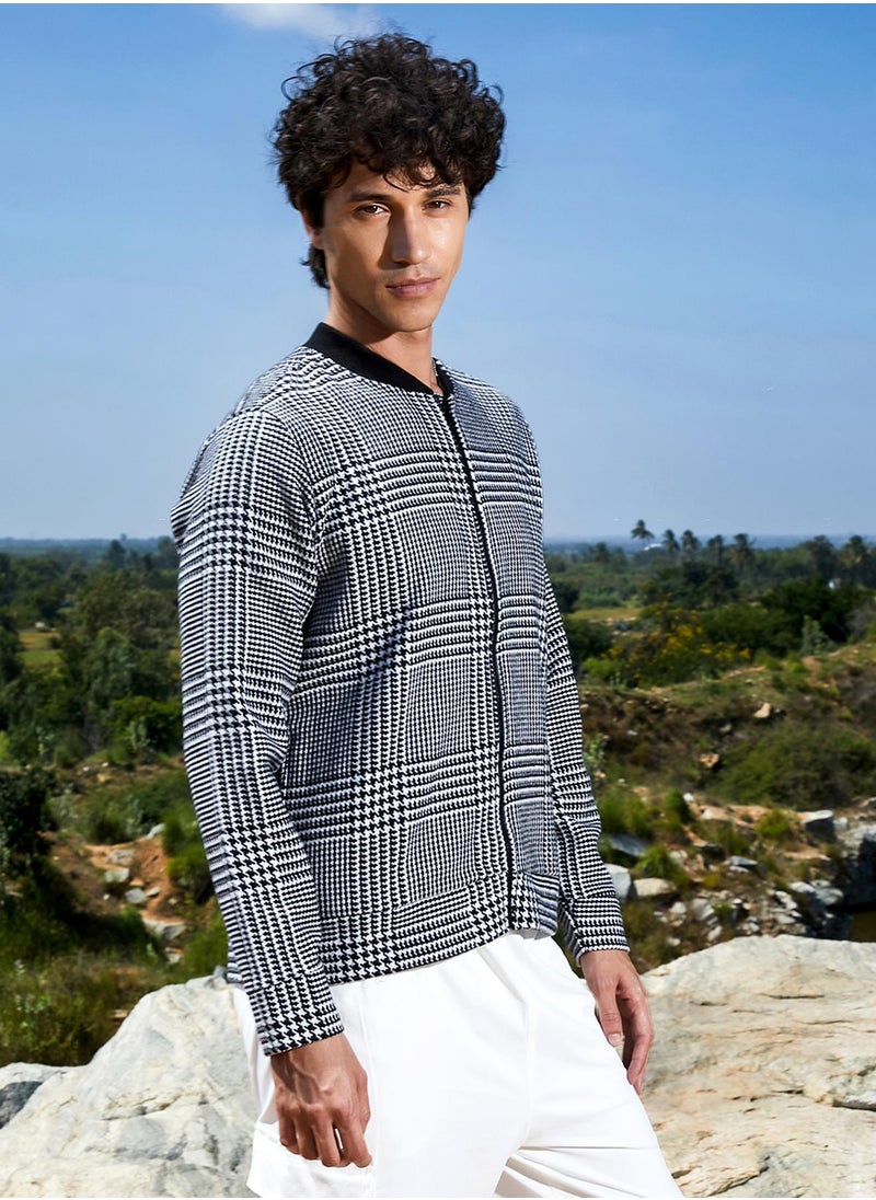 Men's Black & White Zip-Front Houndstooth Jacket