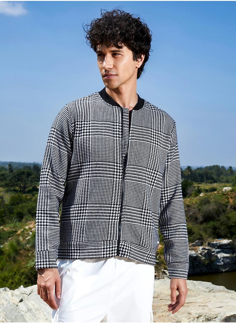 Men's Black & White Zip-Front Houndstooth Jacket
