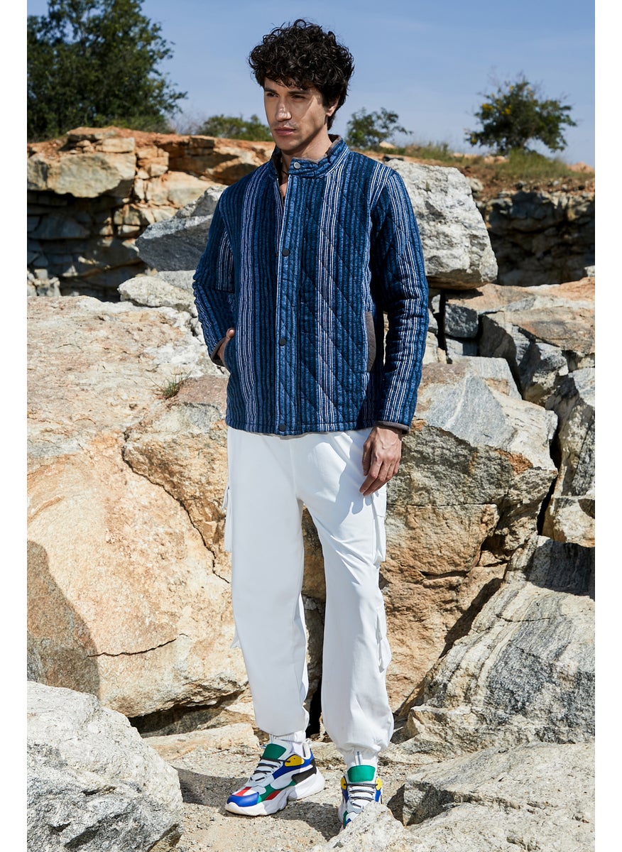 Men's Black & Prussian Blue Striped Quilted Bomber Jacket