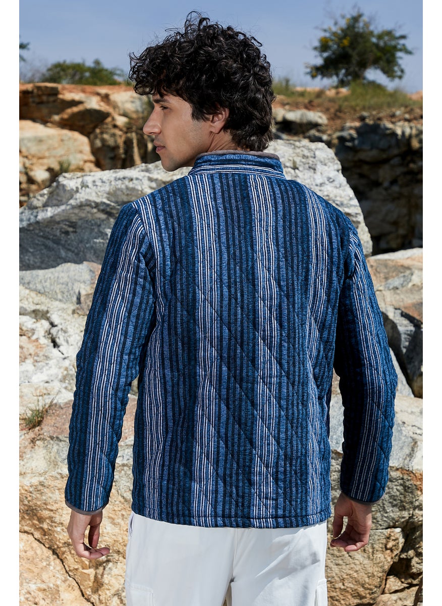 Men's Black & Prussian Blue Striped Quilted Bomber Jacket