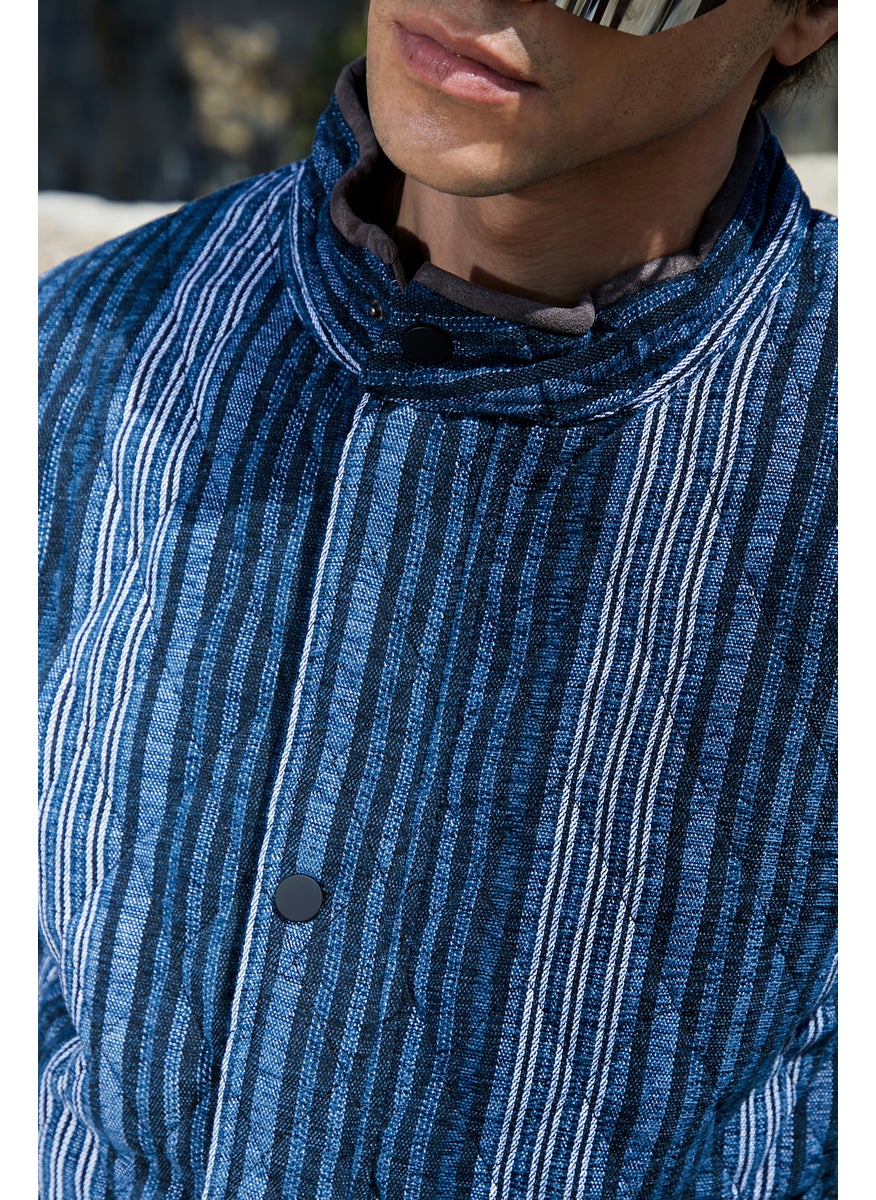 Men's Black & Prussian Blue Striped Quilted Bomber Jacket