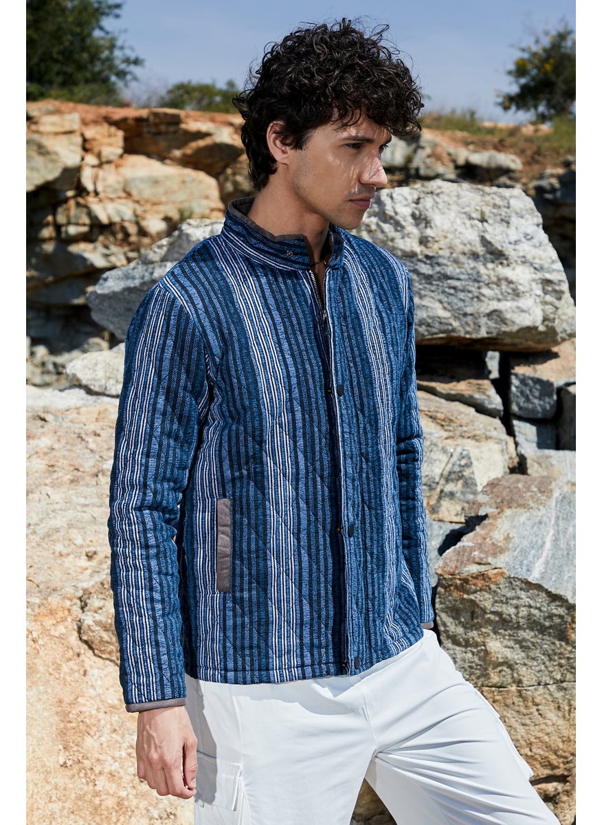 Men's Black & Prussian Blue Striped Quilted Bomber Jacket