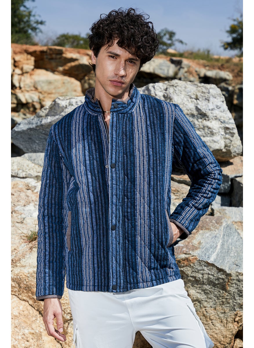 Men's Black & Prussian Blue Striped Quilted Bomber Jacket