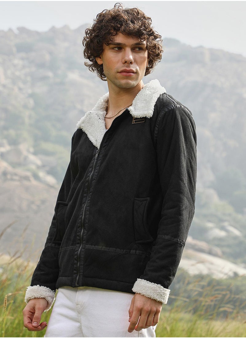 Men's Carbon Black & Chalk White Fleece Lined Biker Jacket