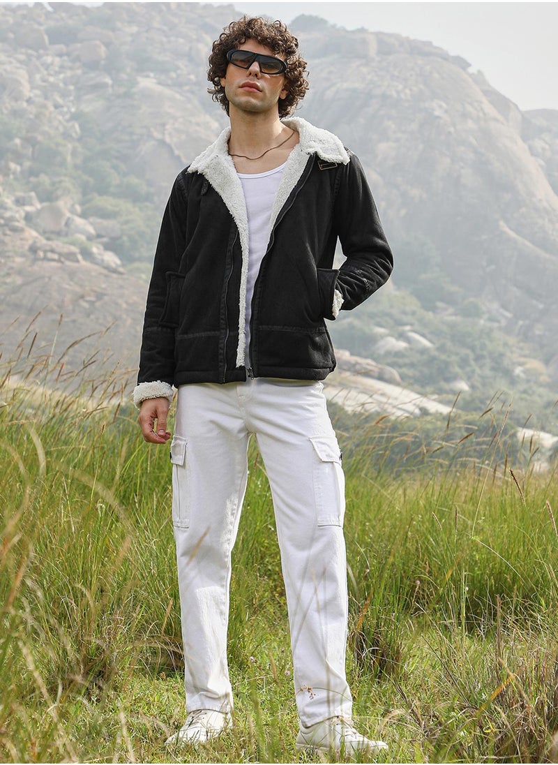 Men's Carbon Black & Chalk White Fleece Lined Biker Jacket