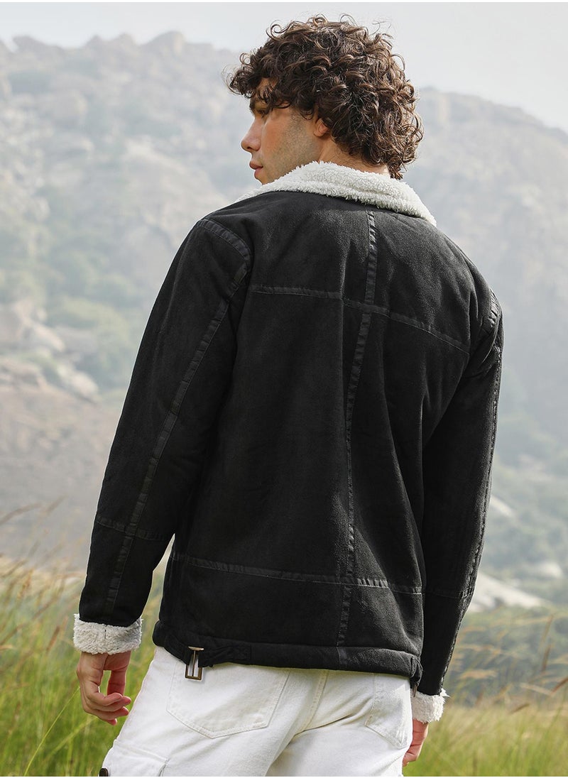 Men's Carbon Black & Chalk White Fleece Lined Biker Jacket