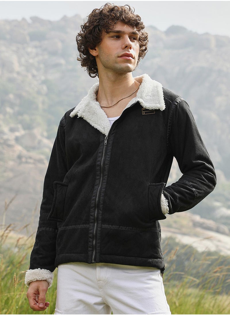 Men's Carbon Black & Chalk White Fleece Lined Biker Jacket