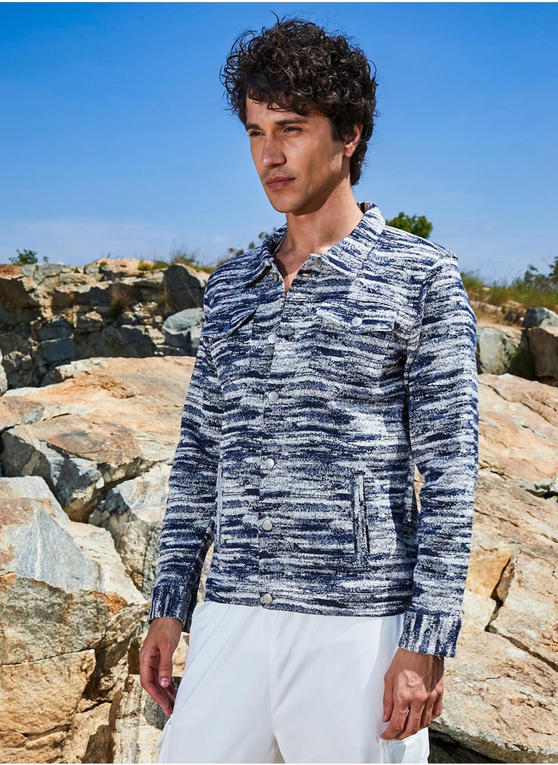 Men's Navy Blue & Ivory White Textured Utility Jacket