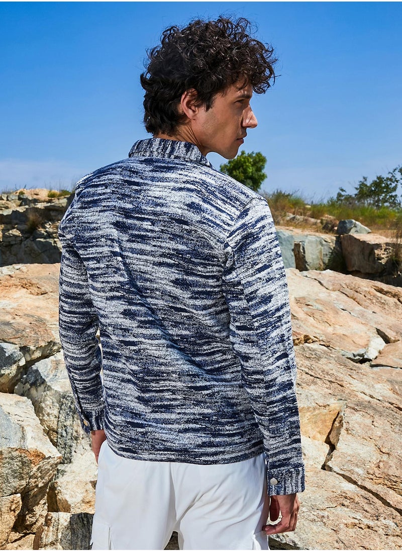 Men's Navy Blue & Ivory White Textured Utility Jacket