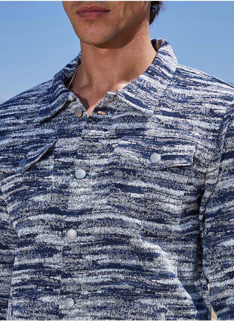 Men's Navy Blue & Ivory White Textured Utility Jacket