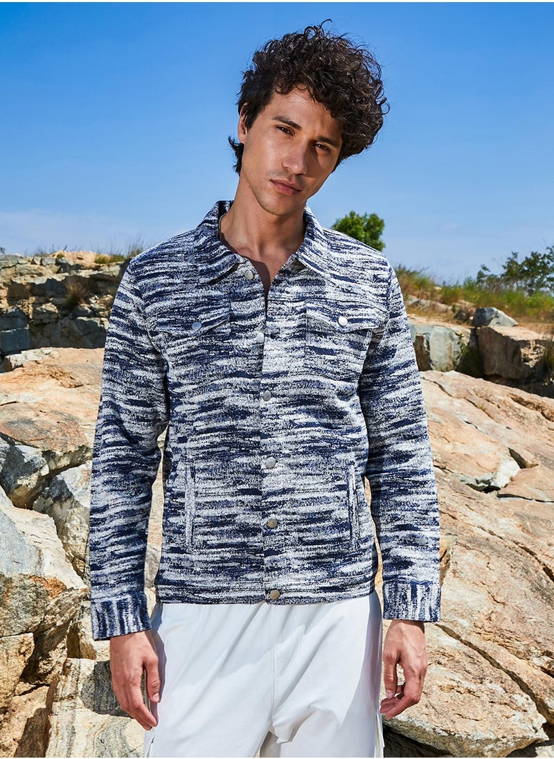 Men's Navy Blue & Ivory White Textured Utility Jacket