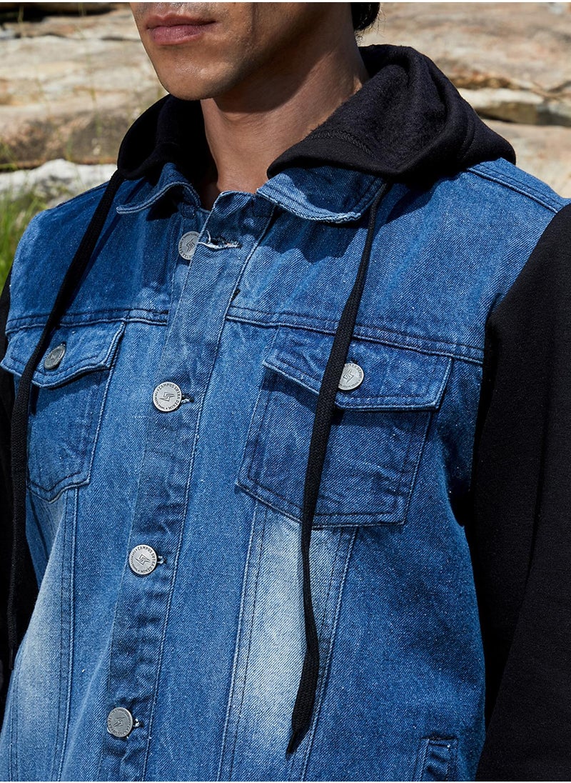 Men's Black & Blue Medium-Wash Denim Jacket With Sweatshirt Sleeve