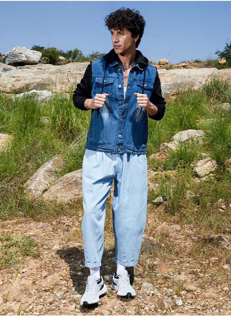 Men's Black & Blue Medium-Wash Denim Jacket With Sweatshirt Sleeve