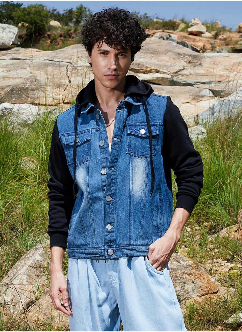 Men's Black & Blue Medium-Wash Denim Jacket With Sweatshirt Sleeve
