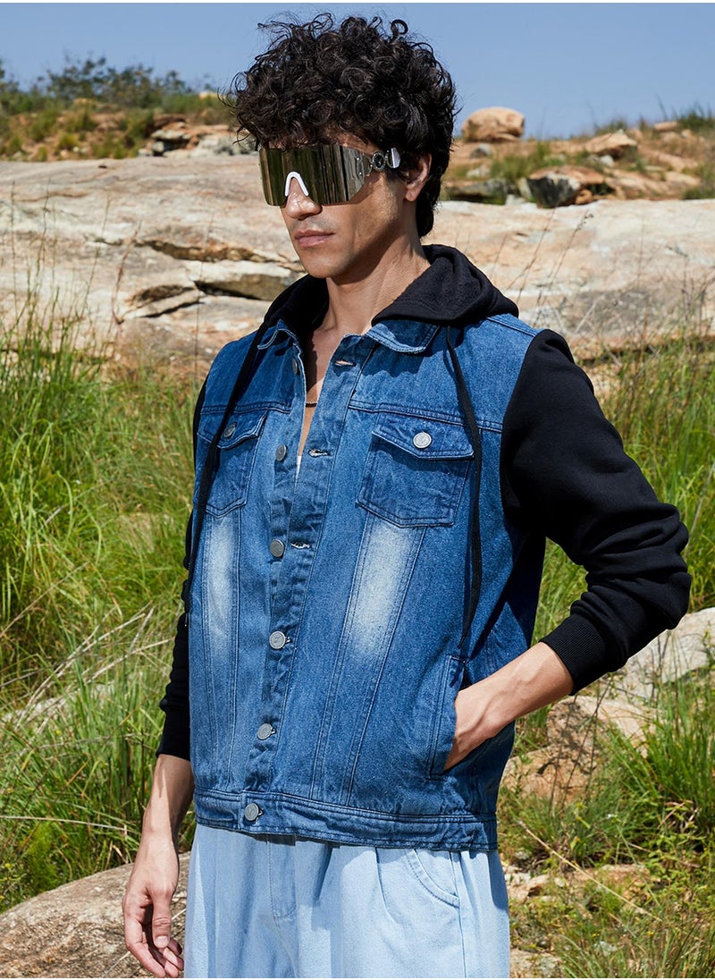 Men's Black & Blue Medium-Wash Denim Jacket With Sweatshirt Sleeve