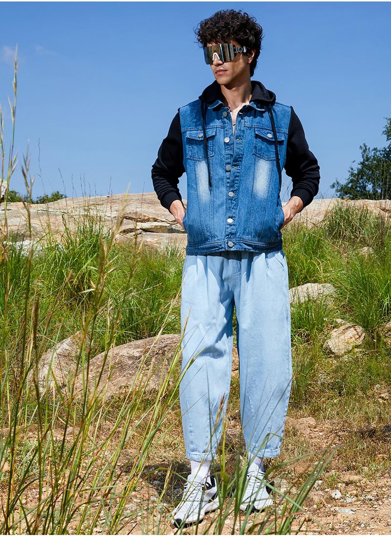 Men's Black & Blue Medium-Wash Denim Jacket With Sweatshirt Sleeve