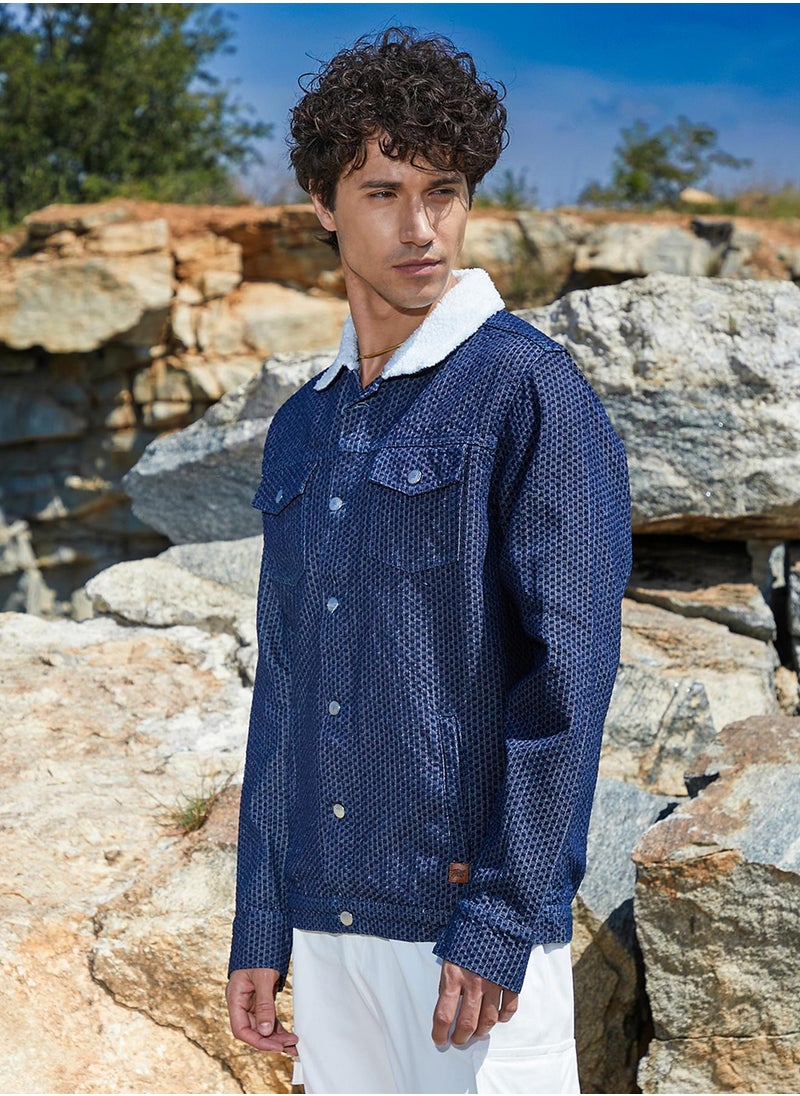 Men's Denim Blue Fleece Polka Dot Denim Jacket