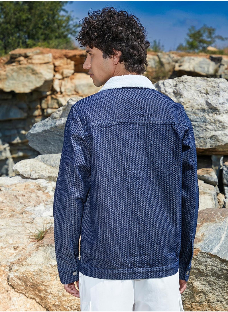 Men's Denim Blue Fleece Polka Dot Denim Jacket