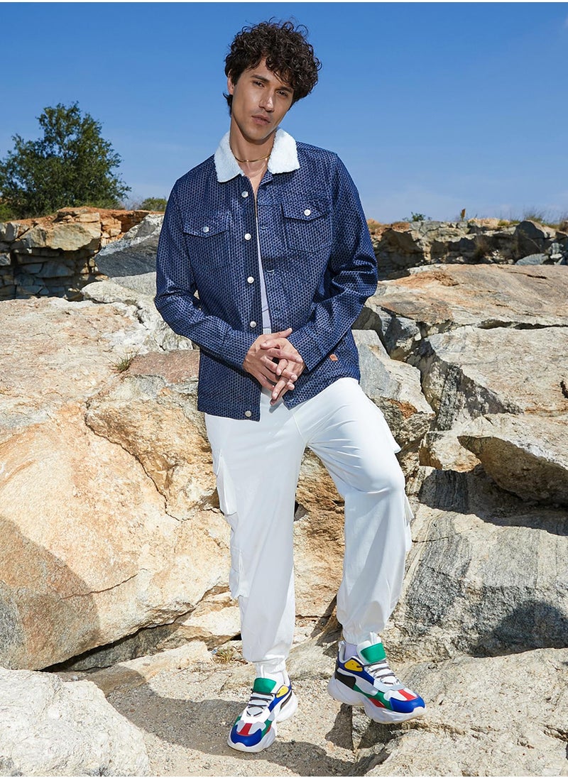 Men's Denim Blue Fleece Polka Dot Denim Jacket