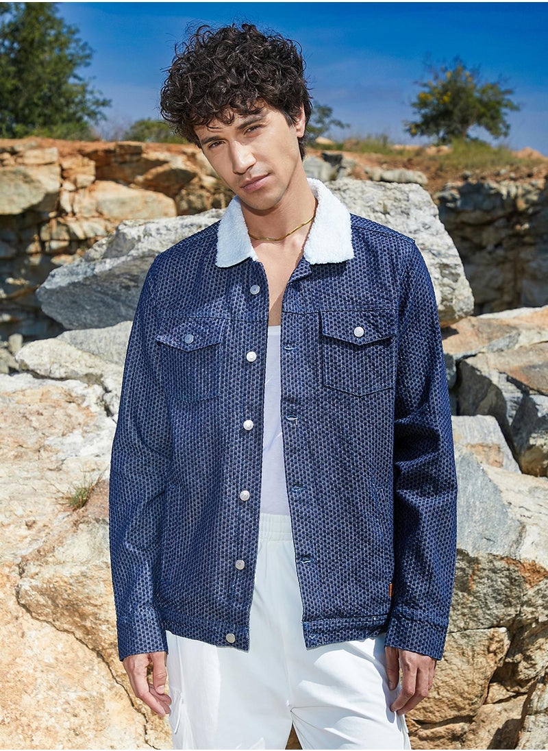 Men's Denim Blue Fleece Polka Dot Denim Jacket