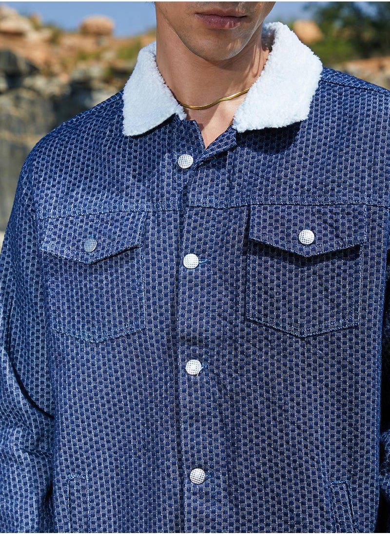 Men's Denim Blue Fleece Polka Dot Denim Jacket