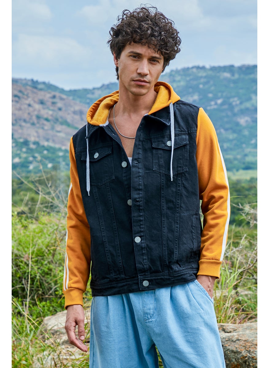 Men's Blue & Mustard Yellow Medium-Wash Denim Jacket With Sweatshirt Sleeve