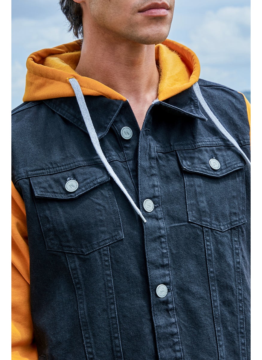 Men's Blue & Mustard Yellow Medium-Wash Denim Jacket With Sweatshirt Sleeve