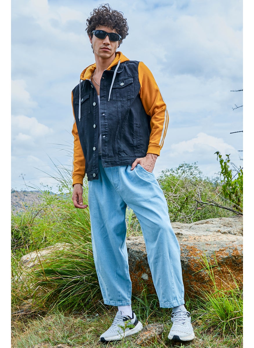 Men's Blue & Mustard Yellow Medium-Wash Denim Jacket With Sweatshirt Sleeve