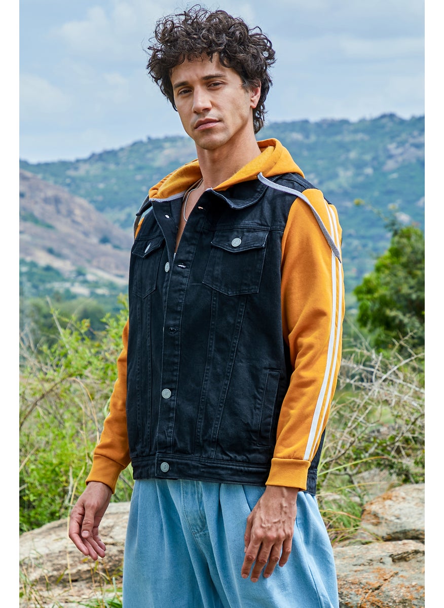 Men's Blue & Mustard Yellow Medium-Wash Denim Jacket With Sweatshirt Sleeve