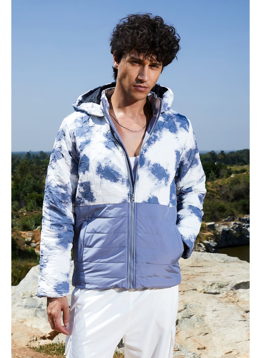Men's White & Light Grey Tie-Dye Block Puffer Jacket
