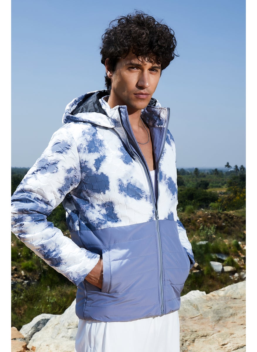Men's White & Light Grey Tie-Dye Block Puffer Jacket