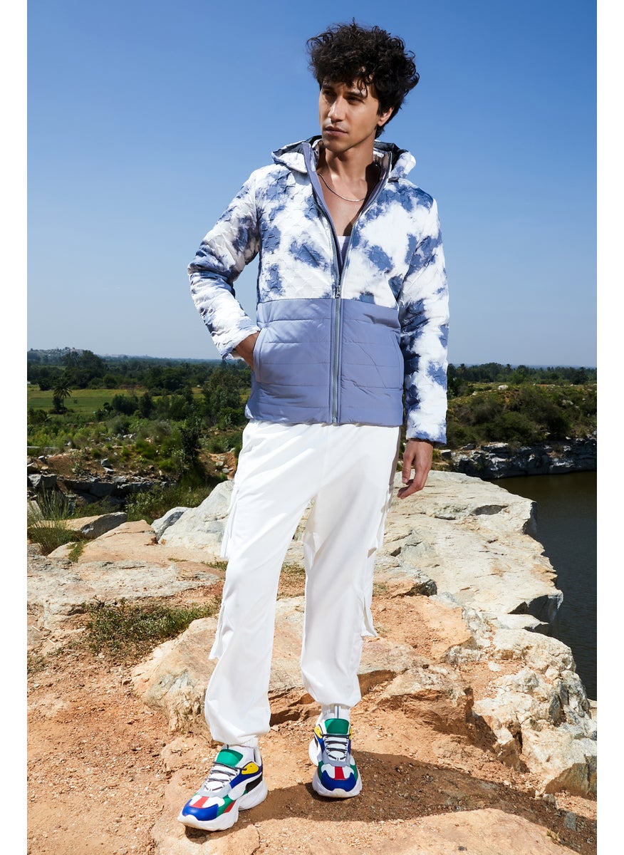 Men's White & Light Grey Tie-Dye Block Puffer Jacket