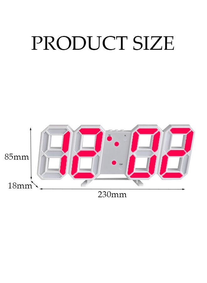 Multifunctional 3D Digital Alarm Clock ,Wall Mount Smart Brightness Clock With Time Display and Temperature Display,Powered By DC 5V Or Battery,23×8.5×1.8cm,White And Red