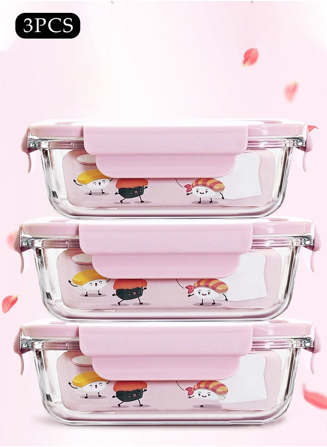 3 pieces glass kitchen meal preparation container, glass meal boxes, glass bowls 410ml, 680ml, 650ml, refrigerator frozen food sealed preservation box, microwave heating glass meal box, pink color
