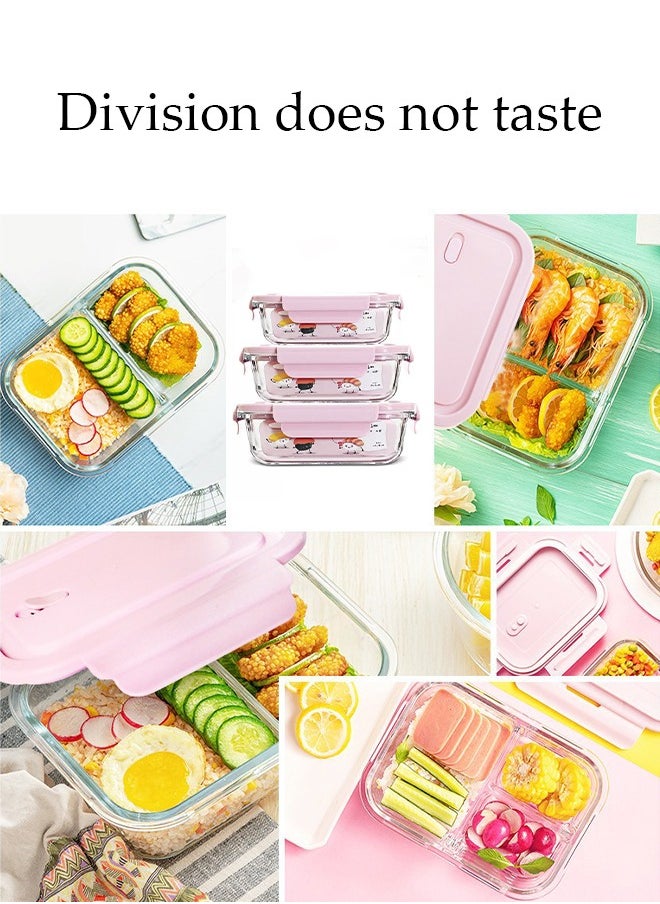 3 pieces glass kitchen meal preparation container, glass meal boxes, glass bowls 410ml, 680ml, 650ml, refrigerator frozen food sealed preservation box, microwave heating glass meal box, pink color