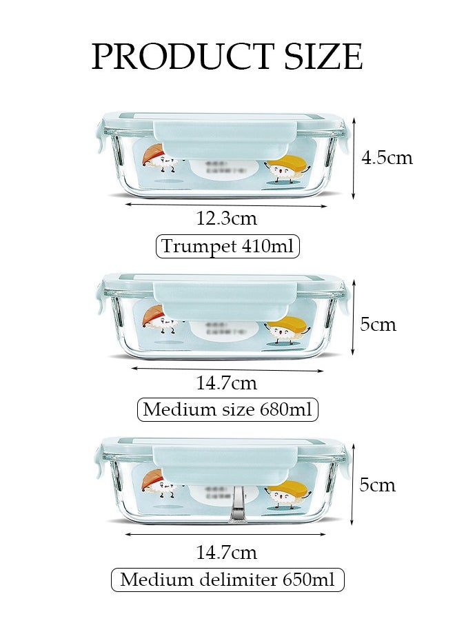 3 pieces glass kitchen meal preparation containers, lunch glass bowls, refrigerator frozen food sealed storage boxes, 410ml, 680ml, 650ml, with durable lock covers, children's and adult glass bento