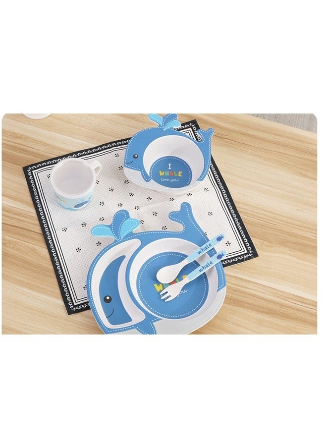 Kids Feeding Set 5 Pcs, Tableware Set for Toddlers Includes Plate Bowl Cup Fork (Whale)