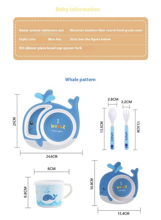 Kids Feeding Set 5 Pcs, Tableware Set for Toddlers Includes Plate Bowl Cup Fork (Whale)